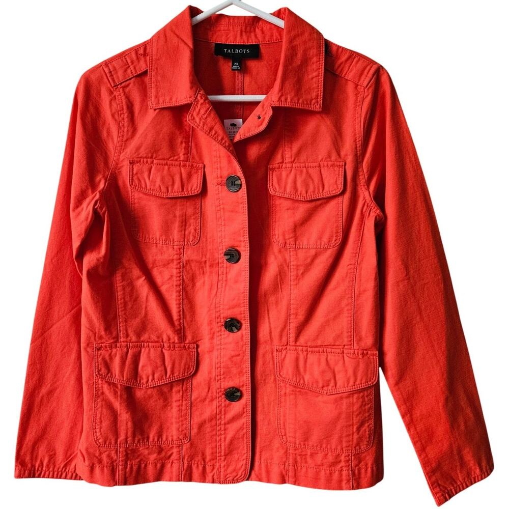 Talbots Red Cotton Denim Jean Jacket 4 Pockets Button Front Casual Size XS - NEW